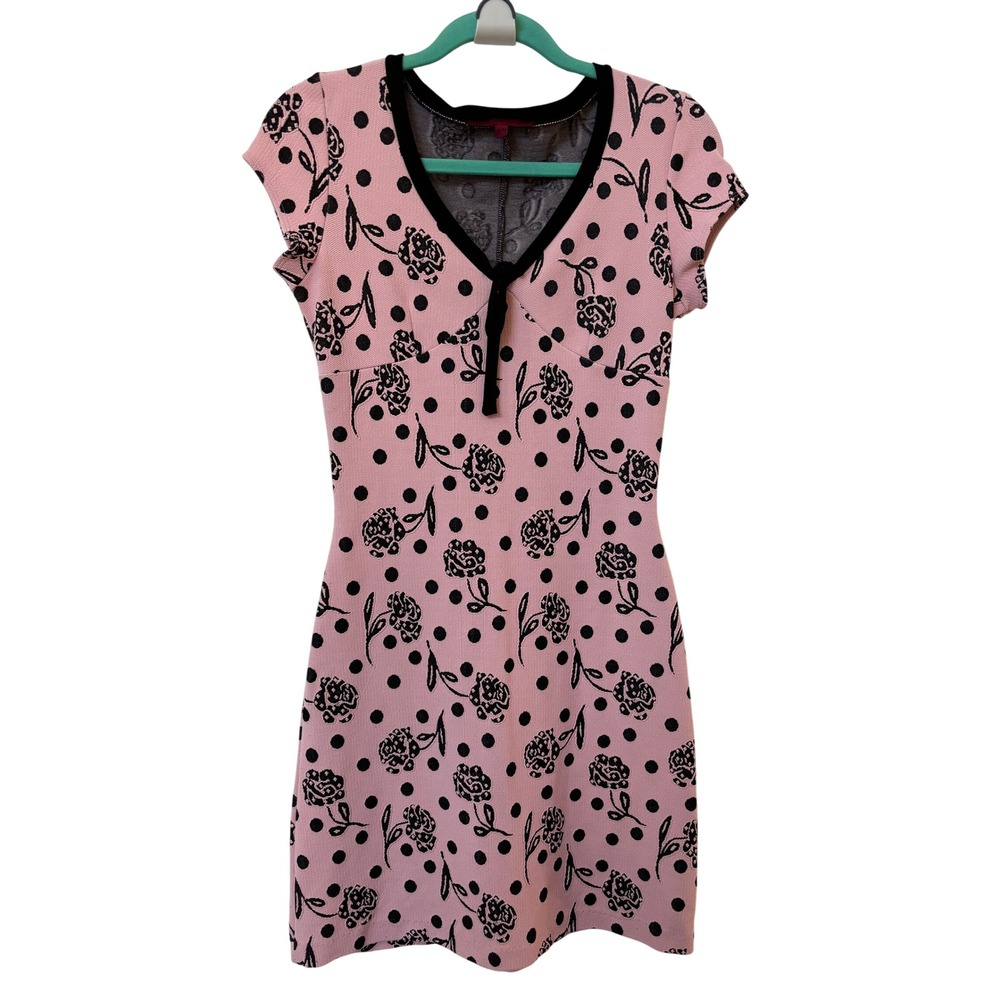 Zokai Pink Black Polka Dot Rose Floral Knit Bodycon Mini Dress V-Neck Bow Medium